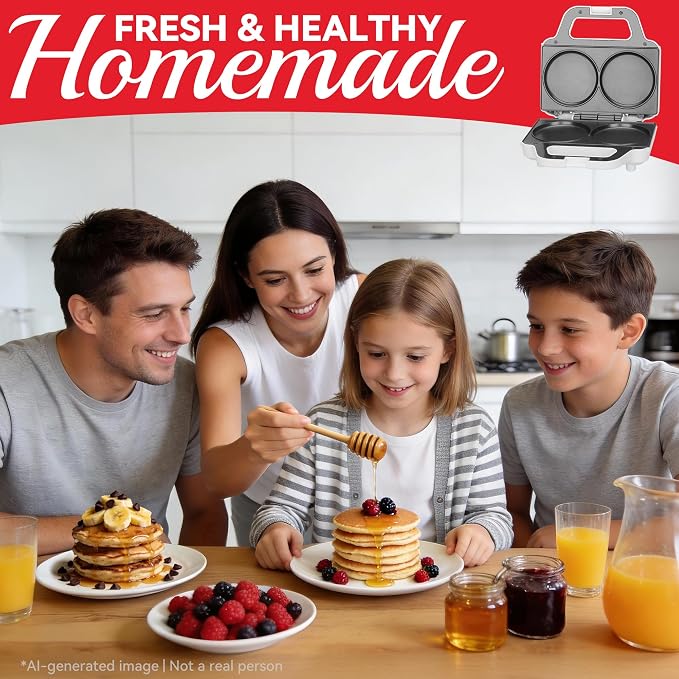 SugarWhisk Double Mini Pancakes Maker Machine, Arepa Maker, Electric Pancake Maker Griddle, Ideal for Pancakes, Cookies, Eggs, Arepas & Breakfast Sandwiches, White, 4 Inch