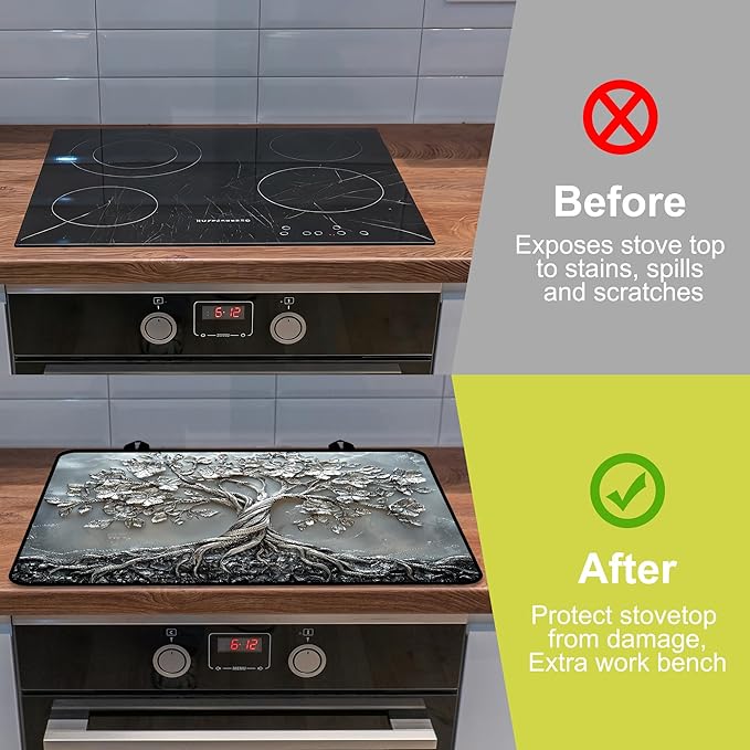 Glass stove top cover 28"x 20", Stove Top Covers for Electric Stove, Flat Range Mat for Glass Cooktop, Kitchen Heat-Resistant Protector Non-Slip Drying Mat (Silver Tree of Life)