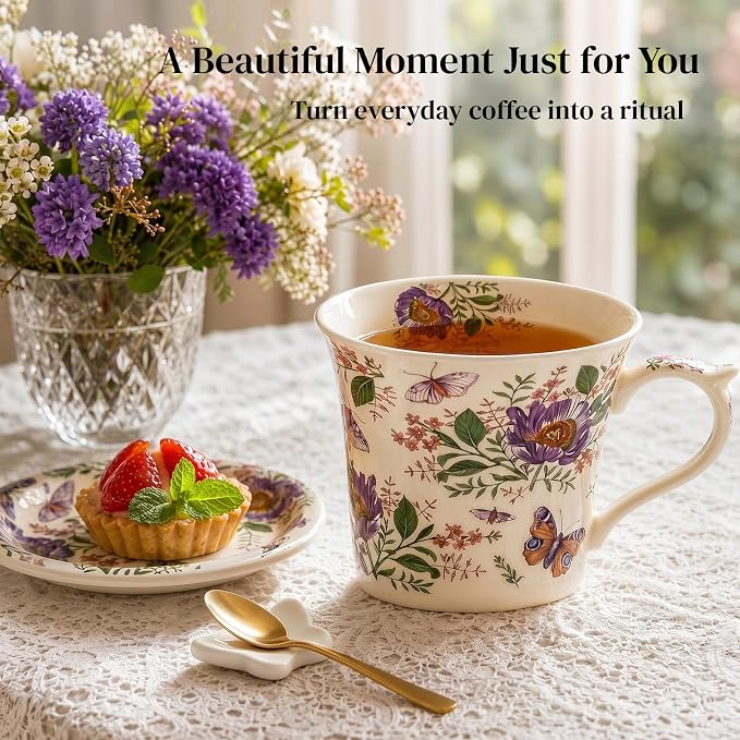 DOWAN 14 OZ Tea Cup & Saucer Set, Ceramic Coffee Mug with Lid, Cappuccino/Latte Cup, Floral, Perfect Self‑Care or Gift for Friends, One Set