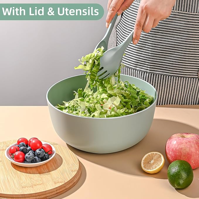 LOVYANXUE Bamboo Fiber Salad Bowl with Servers Set Large 9.8inches Nature Bamboo Mixing Bowl with Servers with Lid Spoon and Fork for Fruits,Salads and Vegetables