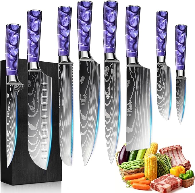 8-Piece Premium Japanese Kitchen Knife Set - Star Collection, Laser Damascus Pattern, 440A Stainless Steel Ultra Sharp for Fast Cutting (DMS-8A-Purple)