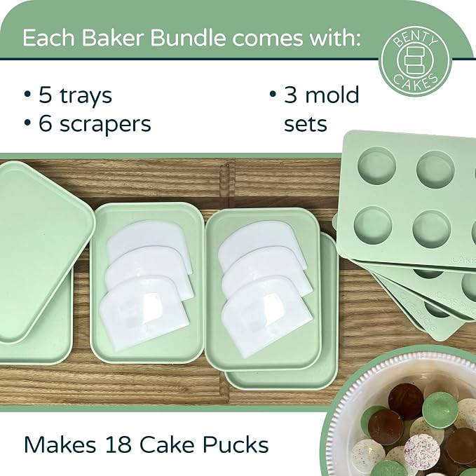 Benty Cakes – The Original Cake Puck Baker Bundle – Better than a Cake Pop! Make Chocolate Covered Dessert – BPA Free Silicone – Includes 3 Mold Sets + 5 Trays + 6 Scrapers – Green