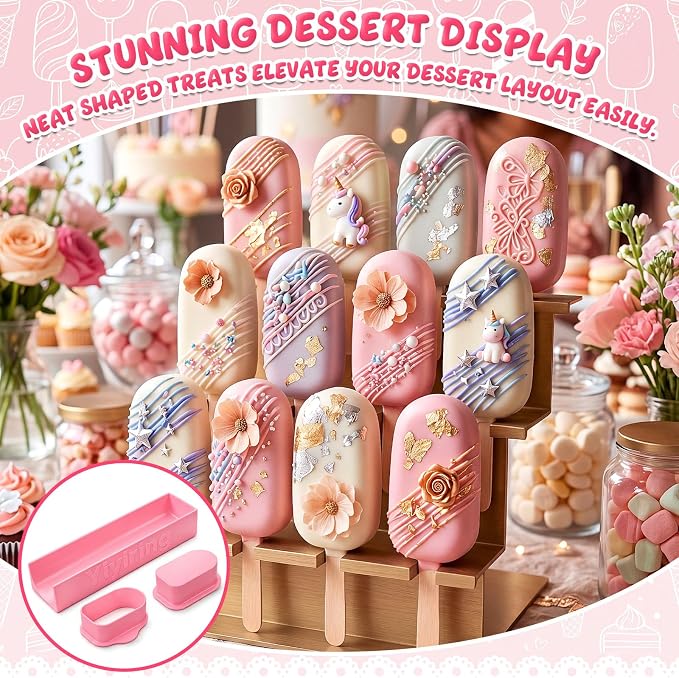 3in Cakesicle Cutter with 9in Tray, Cakesicle Mold Set with 100 Sticks, 100 Bags and 100 Ribbons, Baking Tools for Home Baking, Birthday Parties, Wedding Desserts(Pink,3.6in,Single Slot)
