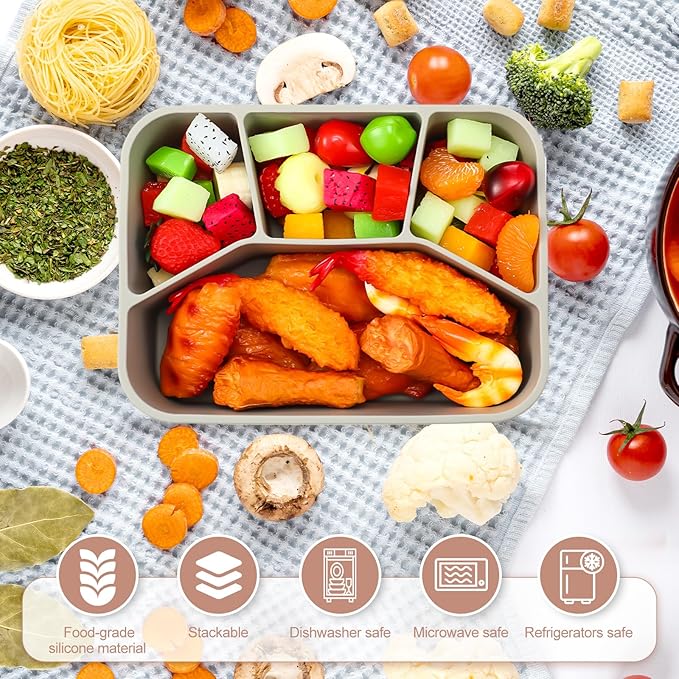 Honeydak 6 Pcs Silicone Bento Box Reusable Lunch Container 4 Compartment Snack Boxes with Lid Smooth LeakProof Rectangle Food Boxes for Adult Work Travel Food Storage(Vivid Color)
