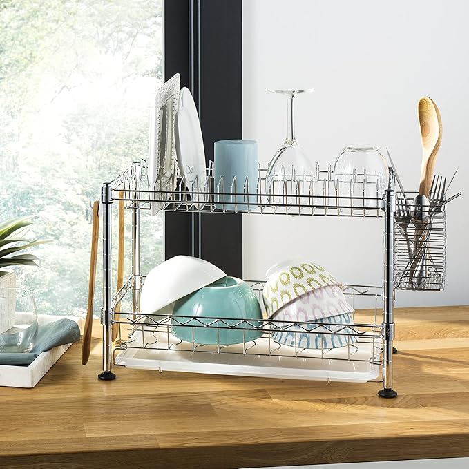 Eyely HSD1002A Brook 24" Adjustable 2-Tier Carbon Steel Rust-Proof Dish Drying Rack with Removable Tray, Removable Utensil Holder, and a Cutlery Holder, Durable and Easy Assembly, Chrome