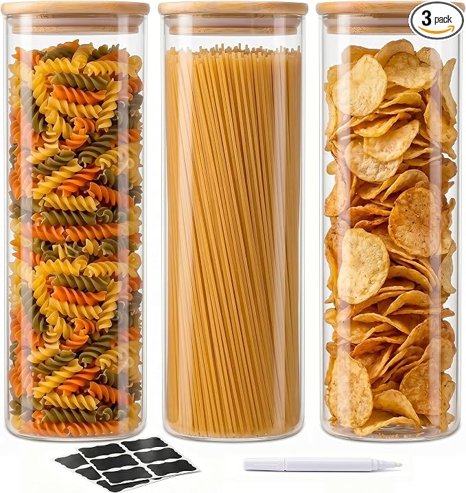 SENTVEND 73 Oz Glass Storage Jars with Bamboo Lids - 3 Pack Clear Glass Canisters Square Airtight Stackable Ideal for Pantry Storage Containers Great for Storing Oats Coffee Beans Pasta Flour Rice etc