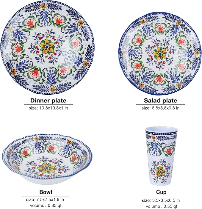 Melamine Dinnerware Set for 4-16 Pcs:Camping Dishes Set with Dinner Plates,Salad Plates,Cups and Bowls.Lightweight and Unbreakable,Indoor and Outdoor Use flower28