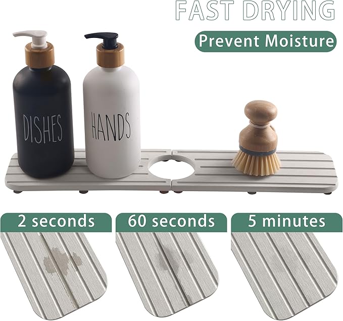NiuYichee 17inch x 4inch Kitchen Sink Faucet Mat, Water Absorbing Stone Faucet Splash Guard for Bathroom Counter, Quick Drying Diatomite Tray for Kitchen Sink, Light Gray