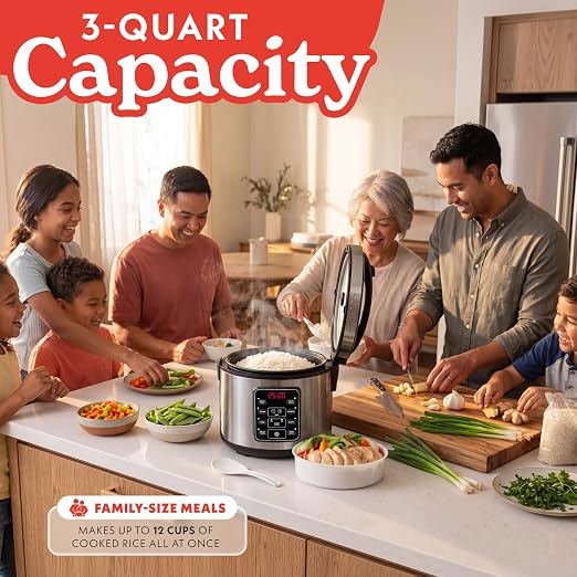 Gourmia Rice Cooker – 3 Qt Capacity, 12 Cup Cooked, 6 Cup Uncooked, Digital Controls, Grain Cooker & Steamer, Built-In Steamer Basket, Nonstick Ceramic Pot, Delay Timer, Keep Warm, Stainless Steel