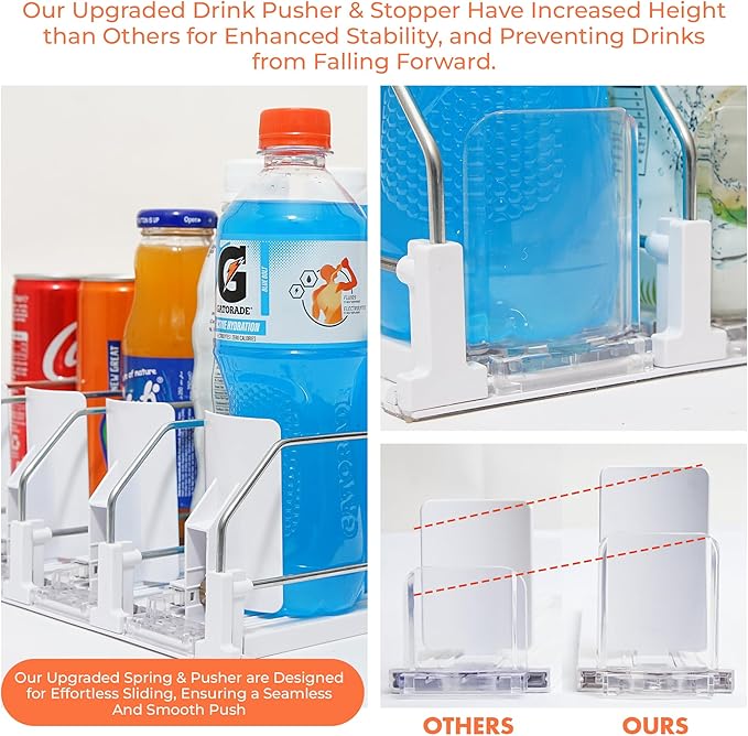 Upgraded Premium Drink Organizer for Fridge. Ultra Space Saving Drink Dispenser for Refrigerator with Larger Stopper Height and Automatic Pusher with Locking Feature. Holds 25 Cans (5 Rows, White)