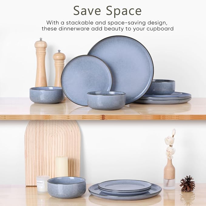 Herogo 18-Piece Stoneware Dinnerware Sets for 6, Stackable Dinner Plates and Bowls Sets, Double Reactive Glaze Dishware Place Setting for Kitchen, Scratch Resistant, Microwave Safe, Haze Blue
