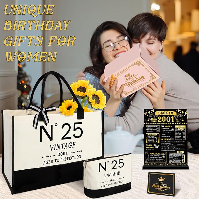 25th Birthday Gifts for Women Canvas Tote Bag Travel Gear,Unique 25 Years Old Gifts for Girlfriend Sister Coworker Friends Classmate Her, Vintage N°25 Handbag & Cosmetic Bag & Back in 2001 Poster