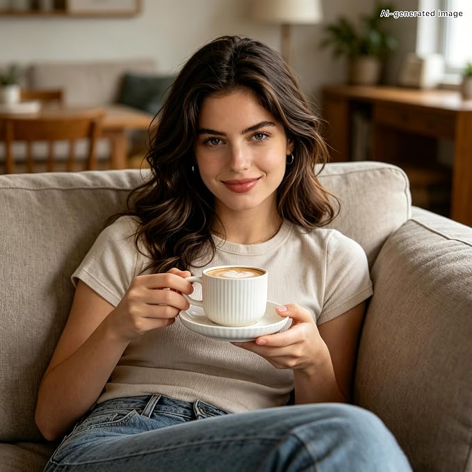 8oz Cappuccino Cups With Saucers - Set Of 4 Latte Mugs With Saucers - White Cream Ceramic Coffee Mugs For Latte, Au Lait, Flat White, Mocha, Tea, Embossed Coffee Cups