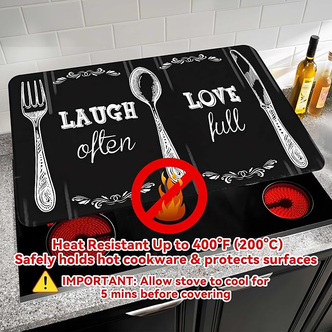 Decorative Stove Top Covers for Electric Stove 28"x20" – Heat Resistant Glass Cooktop Protector Dish Drying Mat – Non-Slip Rubber Backing Washer Top Cover Waterproof Extra Counter Space (Kitchen 2)