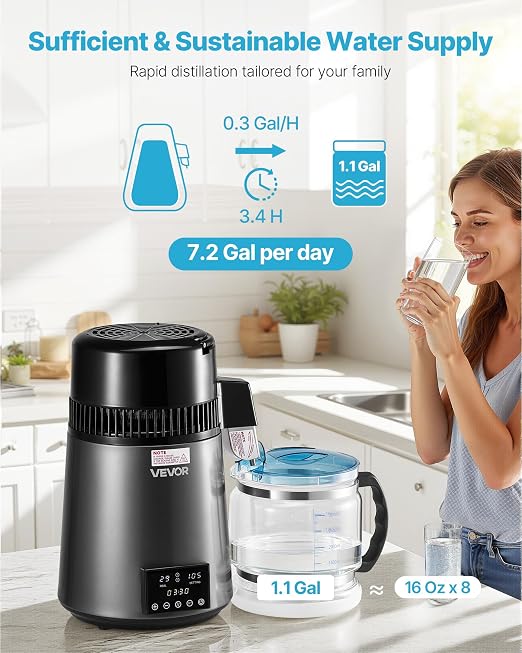 VEVOR Water Distiller, 4L /1.1 Gallon Pure Water Distilled for Home Table Countertop, 750W Distilling Maker with Glass Carafe, Stainless Steel Interior Drinking Machine to Make Clean Waters, Grey