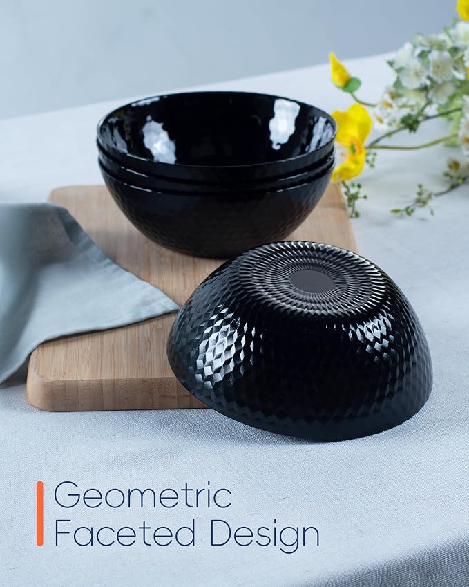 LaGlint Dinnerware Sets for 4, Light & Durable 12 Pieces Opal Glass Plates and Bowls Set, Dishwasher and Microwave Safe Dish Dinning Ware, Thin but Strong Geometric Faceted Black