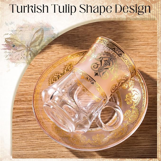 6-Piece Turkish Tea Glasses Cups Saucers Set 4 oz Vintage Gold Pattern Arabic Style Coffee Cups Set Moroccan Persian Coffee Glass Gold Drinkware for Turkish Tea, Espresso Drinking Party