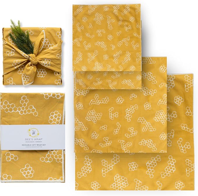 Bee's Wrap Furoshiki Reusable Cotton Fabric Wrapping Paper - Mustard Honeycomb Pack of 4 Gift Wraps - Reusable Wrapping Paper & Gift Wrap