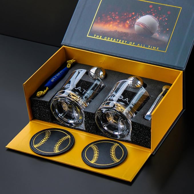 NobleSip® Whiskey BASEBALL Glasses 𝗣𝗥𝗘𝗠𝗜𝗨𝗠 Set: 2 Glasses, 2 Steel Chilling Balls, 2 Coasters. Best for a Player, Coach, Fan to enjoy his Old Fashioned, Cocktails. Home bourbon bar gift