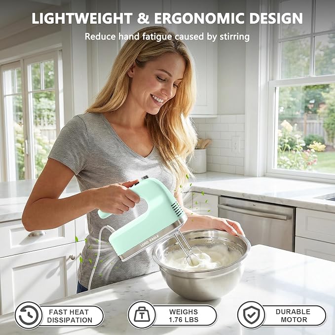 Lord Eagle 9-Speed Digital Hand Mixer Electric Handheld, 500W DC Motor Kitchen Mixer for Cake Baking, Lightweight Egg Beaters with Stain-resistant & Waterproof Storage Bag & 6 Accessories, Green