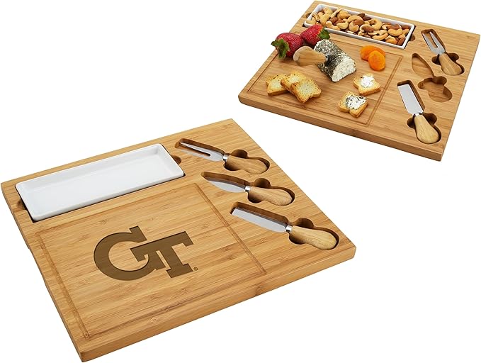 NCAA Georgia Tech Yellow Jackets Officially Licensed Bamboo Cheese/Charcuterie Board with knife Set & cheese Markers by Picnic at Ascot