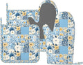 Oven Mitts and Pot Holders Floral Blue Pastel Vintage Silicone Kitchen Accessories Set of 4 Heat Resistant Long Gloves Potholder Non-Slip Grip for Chef Cooking Baking Grilling BBQ