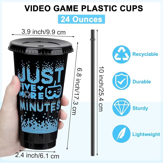 Kochorie 24 Pieces Video Game Plastic Cups 24 Ounces Gaming Party Cups with Lids and Straws Black Blue Video Game Tumbler Cups for Birthday Party Video Game Party Supplies Tableware