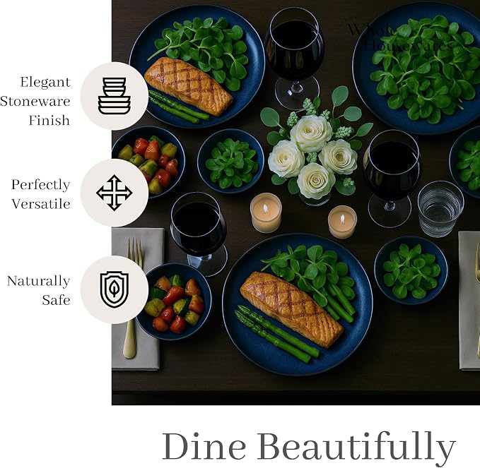 Whole Housewares Ceramic Plates and Bowls Set - Dinnerware Set - Microwave and Dishwasher Safe - 16 Piece Dinner Set - Perfect for Parties, Birthdays, or Weddings - Blue