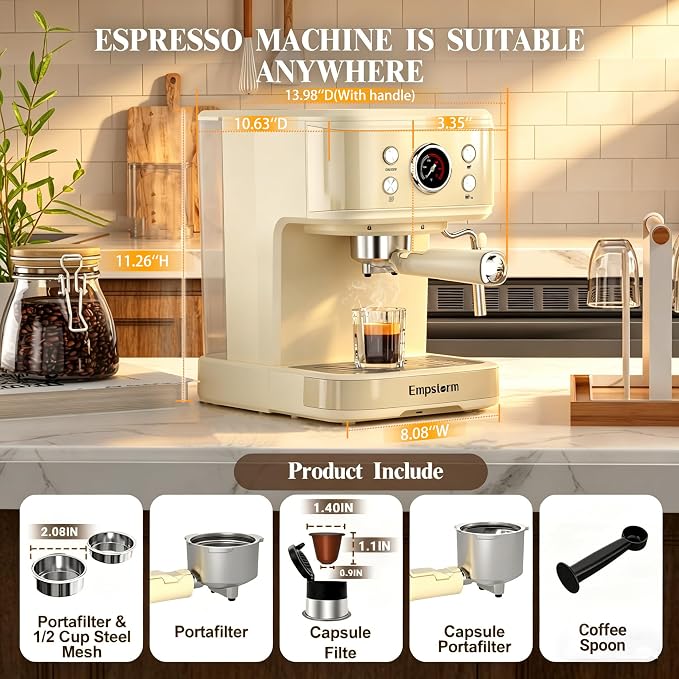 Empstorm Espresso Machine 20 Bar, 2 in 1 Espresso Maker with Milk Frother Steam Wand for Latte and Cappuccino, Powder and Capsule Portafilter, 50oz Removable Water Tank Coffee Machine for Home-White
