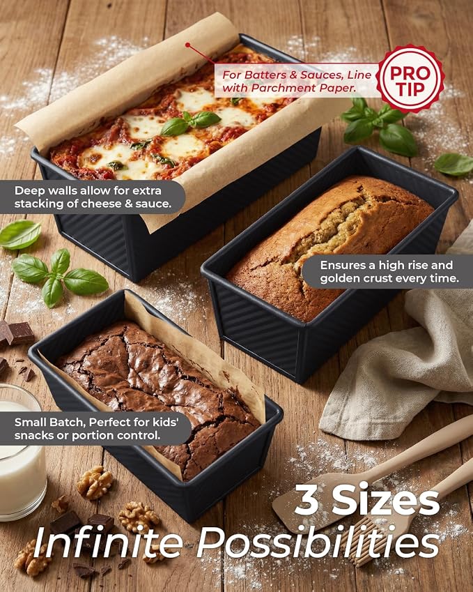 CARTMAN 3-Piece Pullman Loaf Pan with Lid Set – Non-Stick Carbon Steel Bread Pan with Bottom Vents – Includes Large (12"), Medium (8") & Mini (7") Sizes plus Silicone Tools – Classic Black