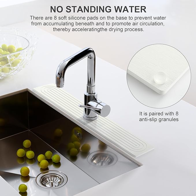 Faucet Mat for Kitchen Sink, Diatomite Fast Drying Stone Sink Tray, Super Absorbent, Prevents Moisture Buildup - Faucet Splash Guard for Bathroom Counter, Kitchen [White, 23.6" x 3.9"]