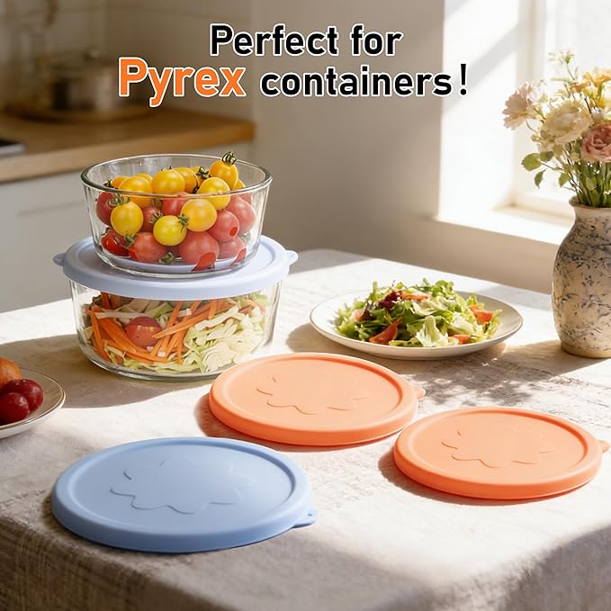 4 Cup 7 Cup Round Silicone Replacement Lids for Pyrex Glass Bowls, 4 Pack, Microwave & Dishwasher & Freezer Safe (Container not Included)