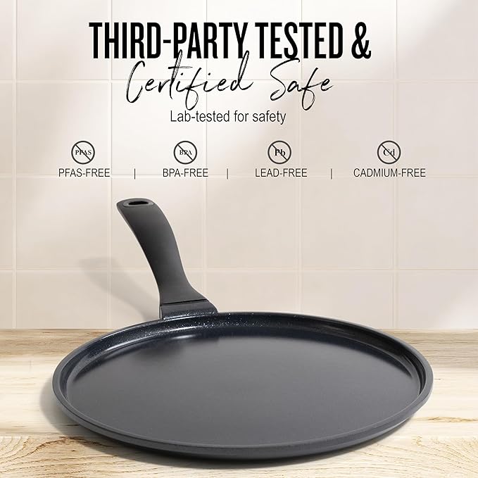 Alva Ceramic Nonstick Crepe Pan, 11 Inch Flat Griddle Pan for Crepes, Pancakes, Eggs & Tortillas, PFAS-Free Aluminum Frying Pan, Induction Compatible, Black