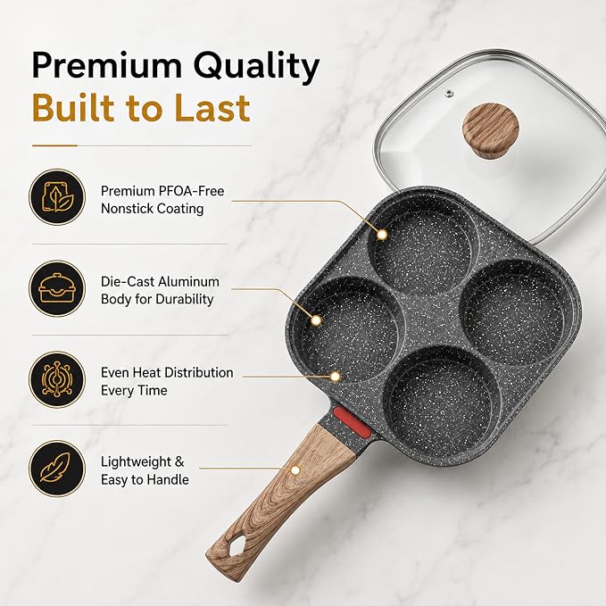 4-Cup Nonstick Egg Pan with Lid, Aluminum Multi-Section Frying Pan, Egg Cooker & Mini Pancake Maker for Breakfast, Pancakes & Omelets, Compatible with Gas & Induction Cooktops