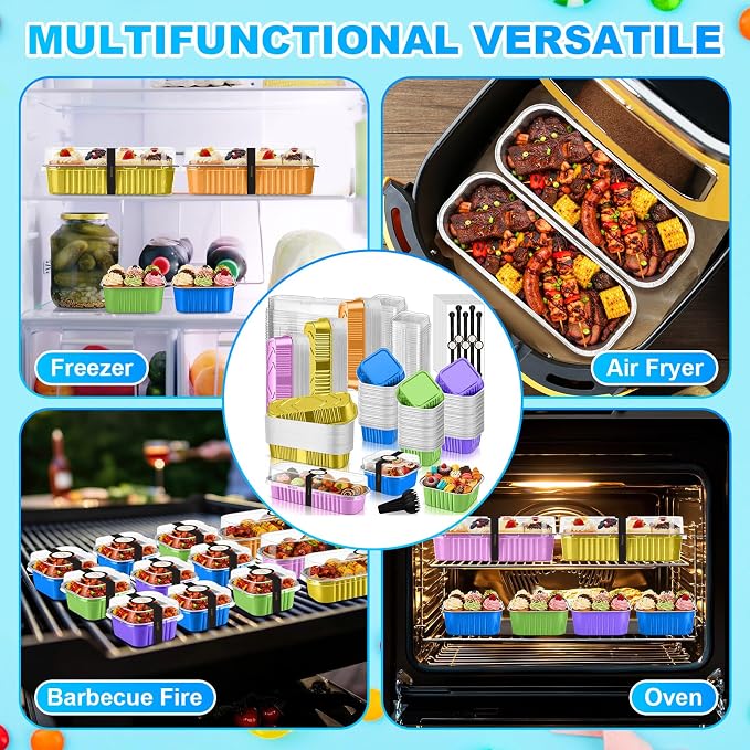 LemonRoad 240 Sets Mini Loaf Pan with Lids and Spoons 6.8oz Rectangular Aluminum Foil Bread Pan 5oz Square Cake Cup with Decal Disposable Baking Supply for Graduate Wedding Birthday (Candy Colors)