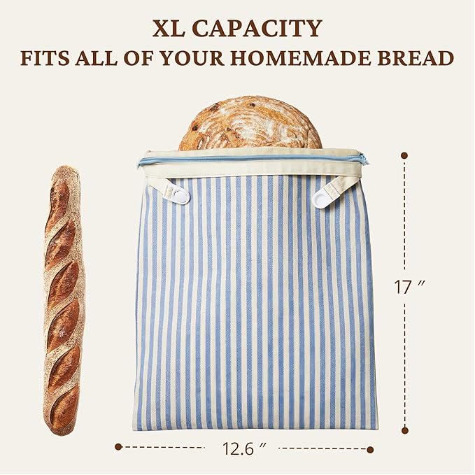 BRONYPRO Reusable Beeswax and Cotton Bread Bags with Zipper, 2-Pack Waxed Bread Bags for Homemade Bread & Sourdough, Sustainable Sourdough Loaf Storage to Lock in Freshness, Large 17x12.6in, Blue