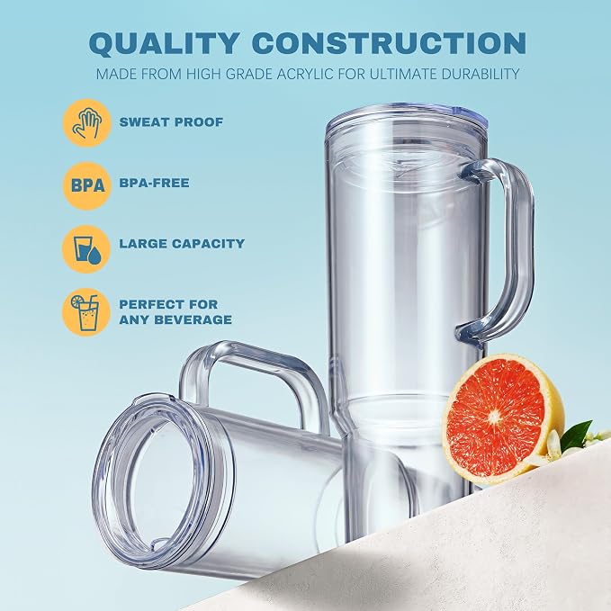MEWAY 40 oz Acrylic Tumbler with Handle and Straw Lid，Double Wall Vacuum Reusable plastic Water Bottle Travel Mug Cup，Classic Tumblers Cupholder Friendly (4 Pack)