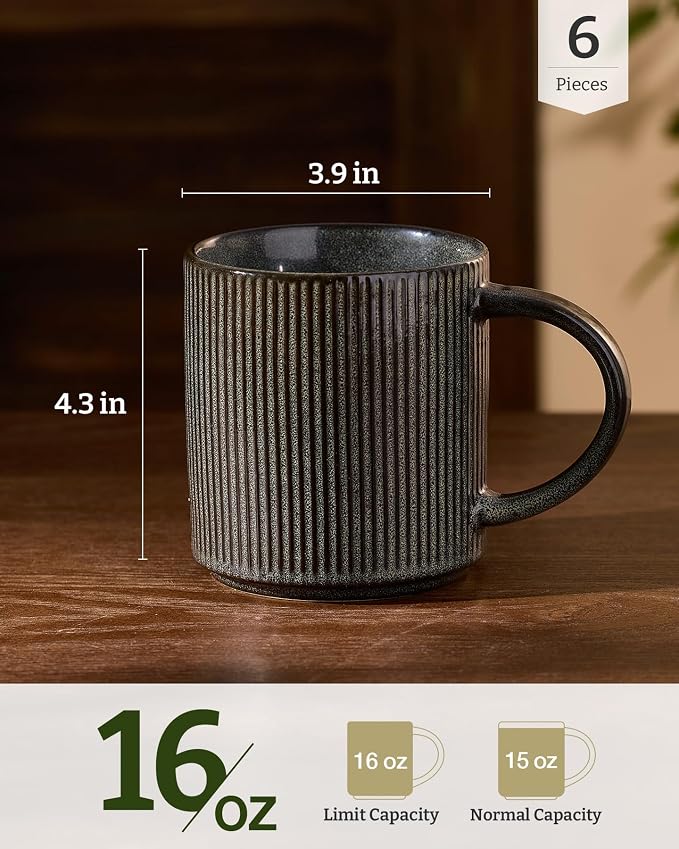 famiware Coffee Mug Set for 6, Star 16 oz Catering Mugs Cup Set with Handle for Coffee, Tea, Cocoa, Milk - Ceramic Stoneware Drinkware Set, Deep Forest