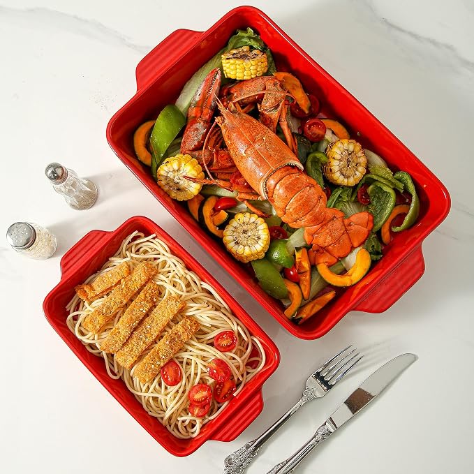 Ceramic Baking Casserole Dish with Handles, Large 9x13 inch Pan and Middle Baking Pan - Porcelain Serving Bakeware Set (Vintage Red)