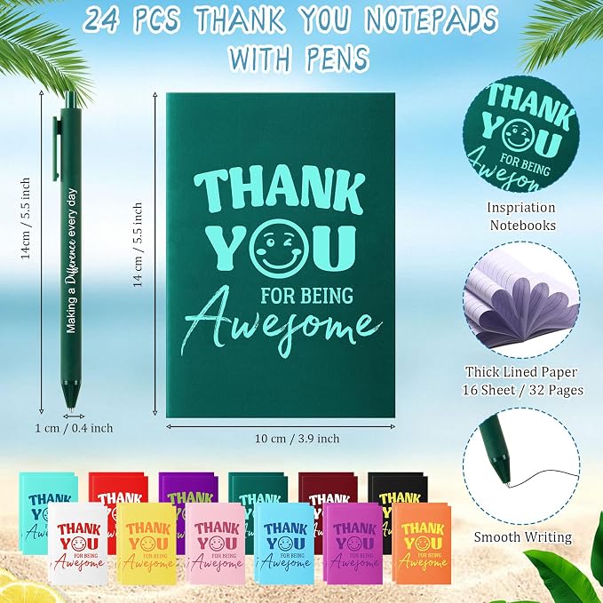 Feifeiya 72 Pcs/ 24 Set Thank You Supplies Bulk 24 oz Staff Coworker Appreciation Tumbler with Lids and Straws Motivational Pens Inspirational Notepads Set Plastic Cups Gift, Thank Cup