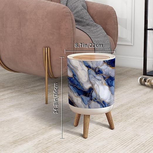 Trash Can with Lid abstract marble texture featuring rich navy blue white gray tones Press Top Round Small Garbage Bin with Wooden Legs Waste Basket for Kitchen Bedroom Nursery 7L/1.8 Gallon