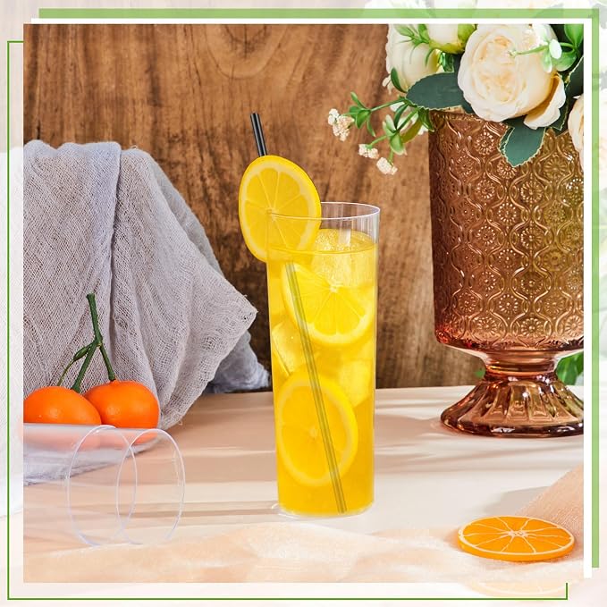 Plastic Highball Glasses with Straws(set of 48), 9 oz Shatterproof Drinking Cups, Tall Whiskey Collins Glass with Straw, Smoothie Tumbler Mojito Cocktail Cup for Wedding Spring Summer Party
