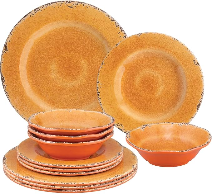 UPware 12 Piece Crackle Melamine Dinnerware Sets, Outdoor Dishes Set, Plates and Bowls Sets, Service for 4, Orange