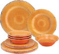 UPware 12 Piece Crackle Melamine Dinnerware Sets, Outdoor Dishes Set, Plates and Bowls Sets, Service for 4, Orange