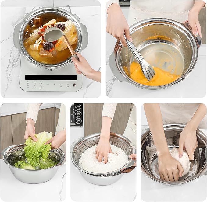 304 Stainless Steel Microporous Colander with Handle, Rice Washers Microporous Strainer Set For washing vegetables, fruits and rice, and draining cooked pasta(5QT with handle-Gold)