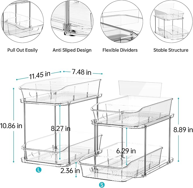 Delamu 2-Tier Clear Stackable Under Sink Organizers 2 Sets & Set of 4 Acrylic Shelf Riser, Cabinet Organizer Shelf for Kitchen