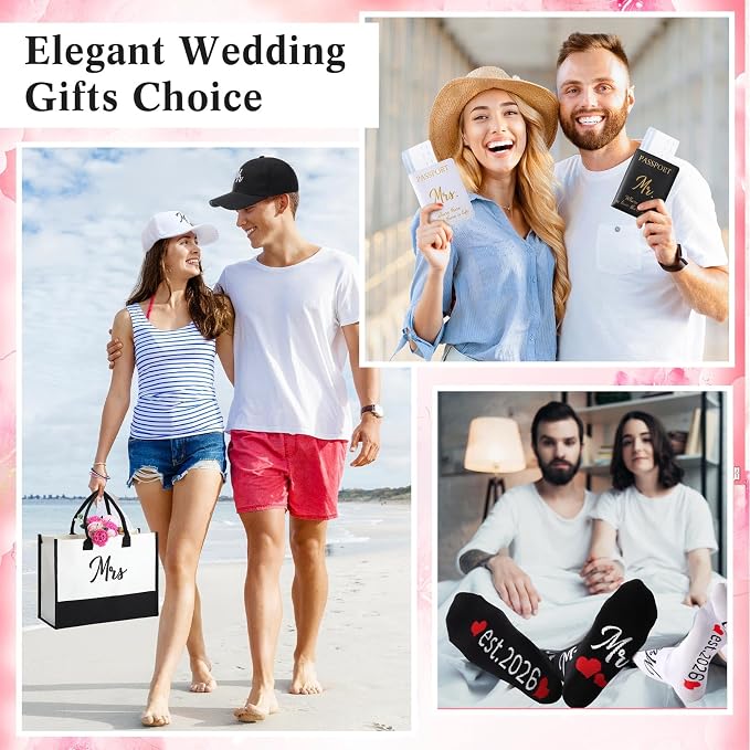15 Pcs 2026 Wedding Gift Mr and Mrs Gifts for Couples Set, Mr and Mrs Aprons Wedding Honeymoon Bridal Shower Cooking Gifts Ideas for Bride Groom Engagement Anniversary Travel(Bride)