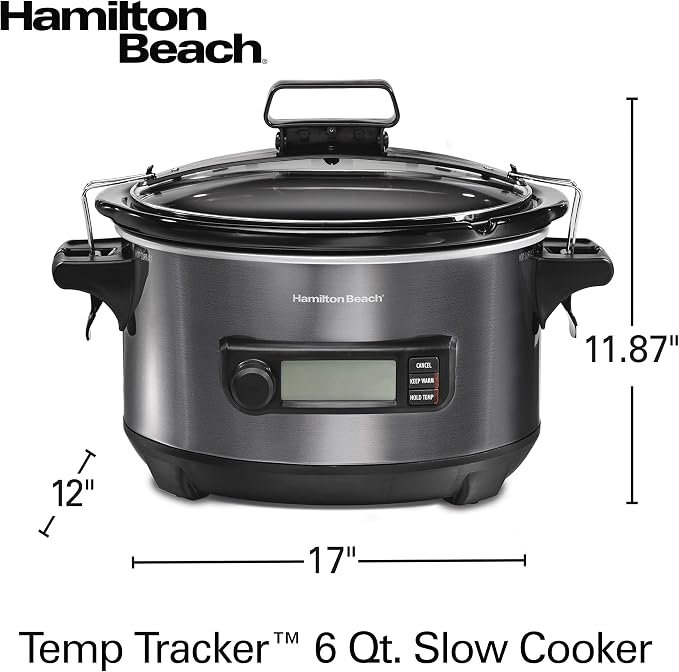 Hamilton Beach Portable 6 Quart Set & Forget Programmable Slow Cooker | Temperature Probe | Lid Lock For Easy Travel | Dishwasher Safe Crock & Glass Lid | Black Stainless Steel | 33866
