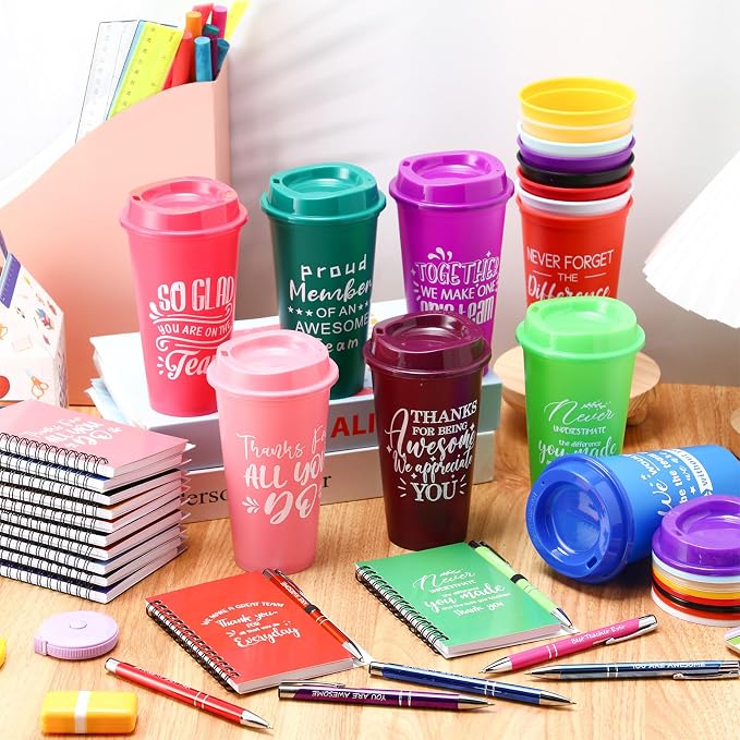 Teenyyou 90 Pcs Employee Appreciation Gift Set, 16oz Tumbler with Lid Notebook Pen Bulk Thank You Gift Holiday Party Favor for Teachers Office Coworker Teacher Staff Team (Multi Color,Elegant Style)