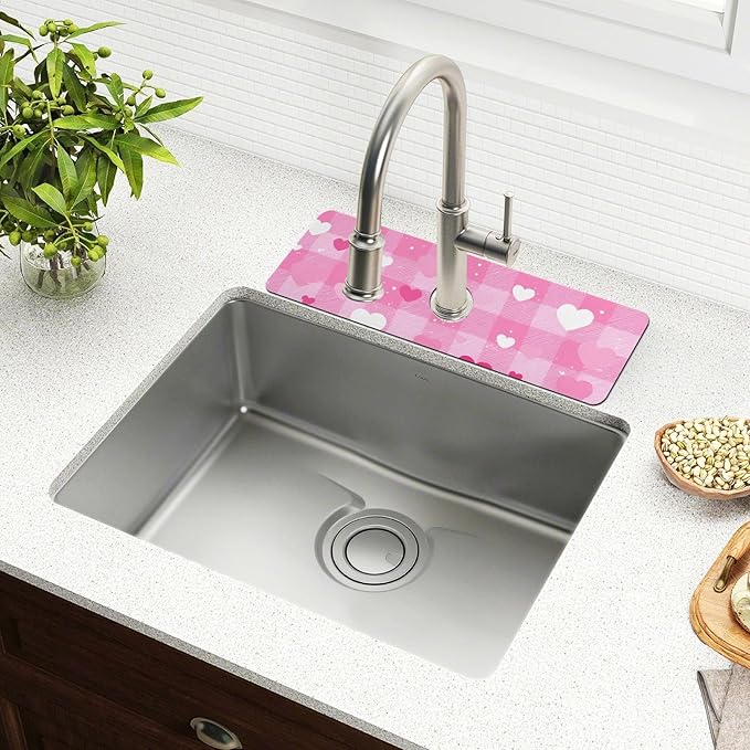 Kitchen Sink Splash Guard 2 PCS 30 Inch Sink Faucet Mat Splash Guard for Bathroom Countertop Water Absorbent Foldable Cuttable Soft Washable Plaid Checkered Pink White Hearts Dots